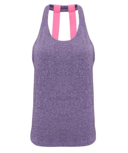 A purple double strap back vest with pink accents and a logo.