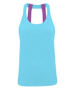 A double strap back vest in a bright blue colour with purple straps. It features a logo on the garment.