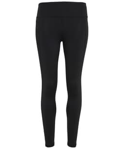 A pair of black performance leggings with a high waistband and a smooth finish. Includes a logo.