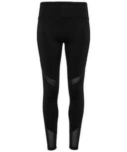 Full-length black leggings featuring mesh panels, with a wide waistband and a logo.
