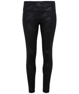 Full-length black leggings featuring a camouflage pattern and a branded logo on the waistband.