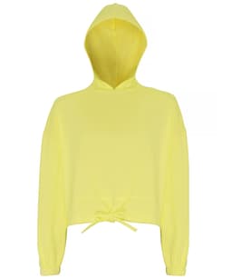 A bright yellow cropped oversize hoodie with a hood and a drawstring at the hem. It features long, loose sleeves and a logo.