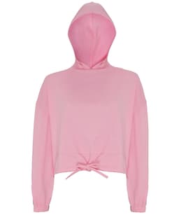 A pink cropped oversize hoodie featuring a hood and drawstring at the hem. It has long sleeves and a relaxed fit.