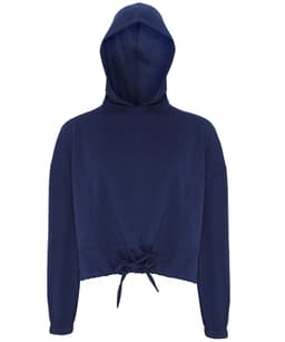 A cropped oversize hoodie in navy blue with a drawstring at the hem and a hood. Features a logo.