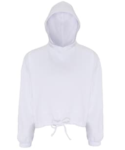 A white cropped oversize hoodie with a drawstring at the hem and a front kangaroo pocket. It features a hood and has a logo.