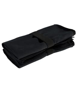 A black microfibre quick-dry fitness towel, neatly folded and secured with a strap. It features a zippered pocket.