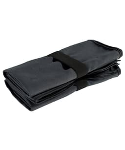 A folded grey microfibre fitness towel, secured with a black strap, with a smooth texture and compact design.