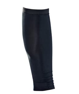 A pair of black compression calf sleeves with a smooth, stretchy fabric design.