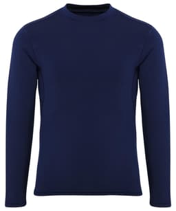 A long-sleeved navy blue performance baselayer top with a round neckline and no visible logos.