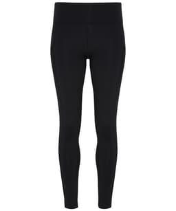 Black performance compression leggings with a high waistband and a sleek design. Features a logo.
