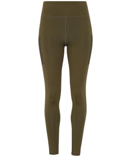 Performance compression leggings in olive green with pockets and a sleek, fitted design. Features a logo.