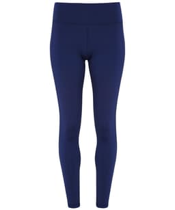 Navy performance leggings with a high waistband and a sleek, fitted design. Features a branding logo.