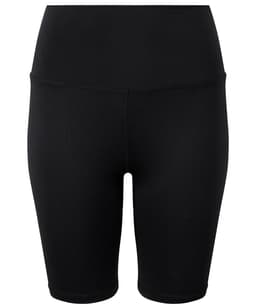 Black legging shorts featuring a high waistband and a simple design, with a logo present on the garment.