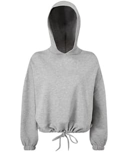 A cropped oversize hoodie in light grey with a drawstring hem and a hood. It features a logo on the front.