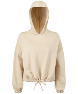 A cropped oversize hoodie in a light beige colour, featuring a hood and adjustable drawstring at the hem.