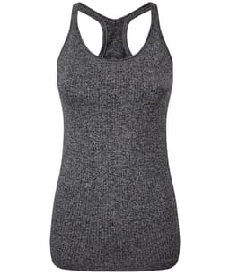 A seamless grey sports vest with a racerback design and textured fabric. It features a logo on the side.