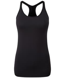 A black seamless ribbed sport vest with a racerback design and a fitted silhouette. Features a branding logo.