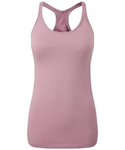 A pink seamless sports vest with a ribbed texture and a racerback design, featuring a branding logo.