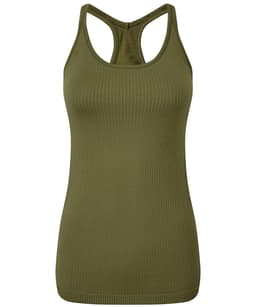 A seamless, olive green sports vest with a ribbed texture and racerback design. It features a logo on the front.
