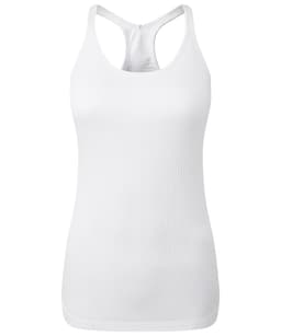 A white seamless 3D fit sport sculpt vest with a racerback design. It features a fitted silhouette and subtle ribbing.