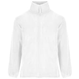 A white fleece jacket with a zip front and a high collar, featuring side pockets and a branded logo.