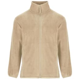 A beige fleece jacket with a high collar and zip closure, featuring long sleeves and side pockets.
