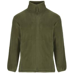An olive green fleece jacket with a zip front and a high collar, featuring long sleeves and side pockets.