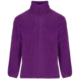 A purple fleece jacket with a high collar and front zip, featuring long sleeves and a simple design.
