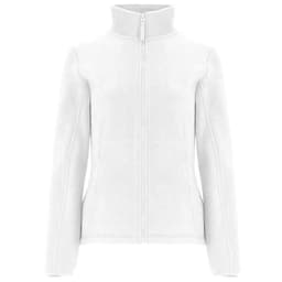 A white women's fleece jacket featuring a high collar and zip closure, designed as a polar fleece style.