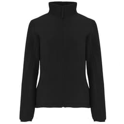 A black women's fleece jacket with a zip front and high collar, featuring a simple design and a logo.