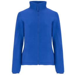 A women's fleece jacket in vibrant blue with a zip-up design and a high collar. It features branded details.