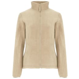 A women's polar fleece jacket in beige with a high collar and front zipper, featuring a logo.
