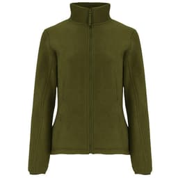 A women’s polar fleece jacket in dark olive green with a high collar and zip closure, featuring a logo.