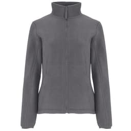 A grey women's fleece jacket with a zip front and high collar, featuring two side pockets and a logo.