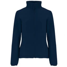 A navy blue women's fleece jacket with a high collar and front zip, featuring a logo on one side.