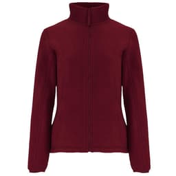 A burgundy women's fleece jacket with a full zip and a high collar, featuring side pockets and a logo.