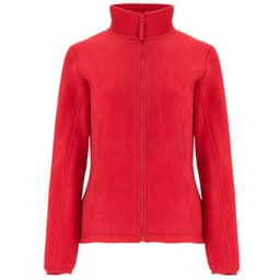 A red polar fleece jacket featuring a high collar and zip fastening, with a logo on the fabric.