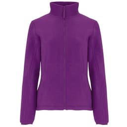 A purple women's fleece jacket with a zip-up front and high collar. It features a logo on one side.