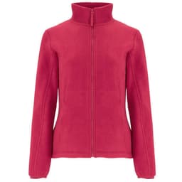 A polar fleece jacket in a vibrant pink colour with a zip front and high collar. Features a logo on the fabric.