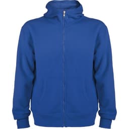 A blue hooded sweatshirt with a full zip and two front pockets. It features a logo on the front.