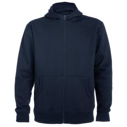 A navy hooded sweatshirt with a zip front and two front pockets, featuring a small logo on the chest.