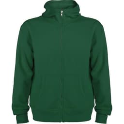 A green hooded sweatshirt with a zip-up front and pockets, featuring a logo on the chest.