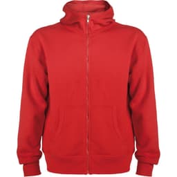 A red hooded sweatshirt with a full zipper and front pockets, featuring a logo on the upper left.