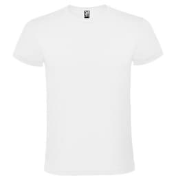 A white T-shirt with a crew neck and short sleeves, featuring a logo on the neckline.