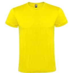 A bright yellow short-sleeved t-shirt featuring a logo on the collar.