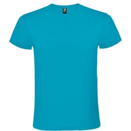 A bright turquoise T-shirt with a crew neck and short sleeves, featuring a logo on the label.