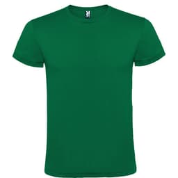 A green T-shirt with a crew neckline and short sleeves, featuring a logo on the collar.
