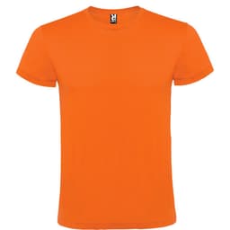 An orange T-shirt with a round neck and short sleeves. The shirt has a logo on the label.