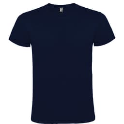 A navy blue T-shirt with short sleeves and a crew neck, featuring a logo on the label.