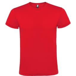 A red T-shirt with short sleeves and a classic crew neckline. It features a label inside.